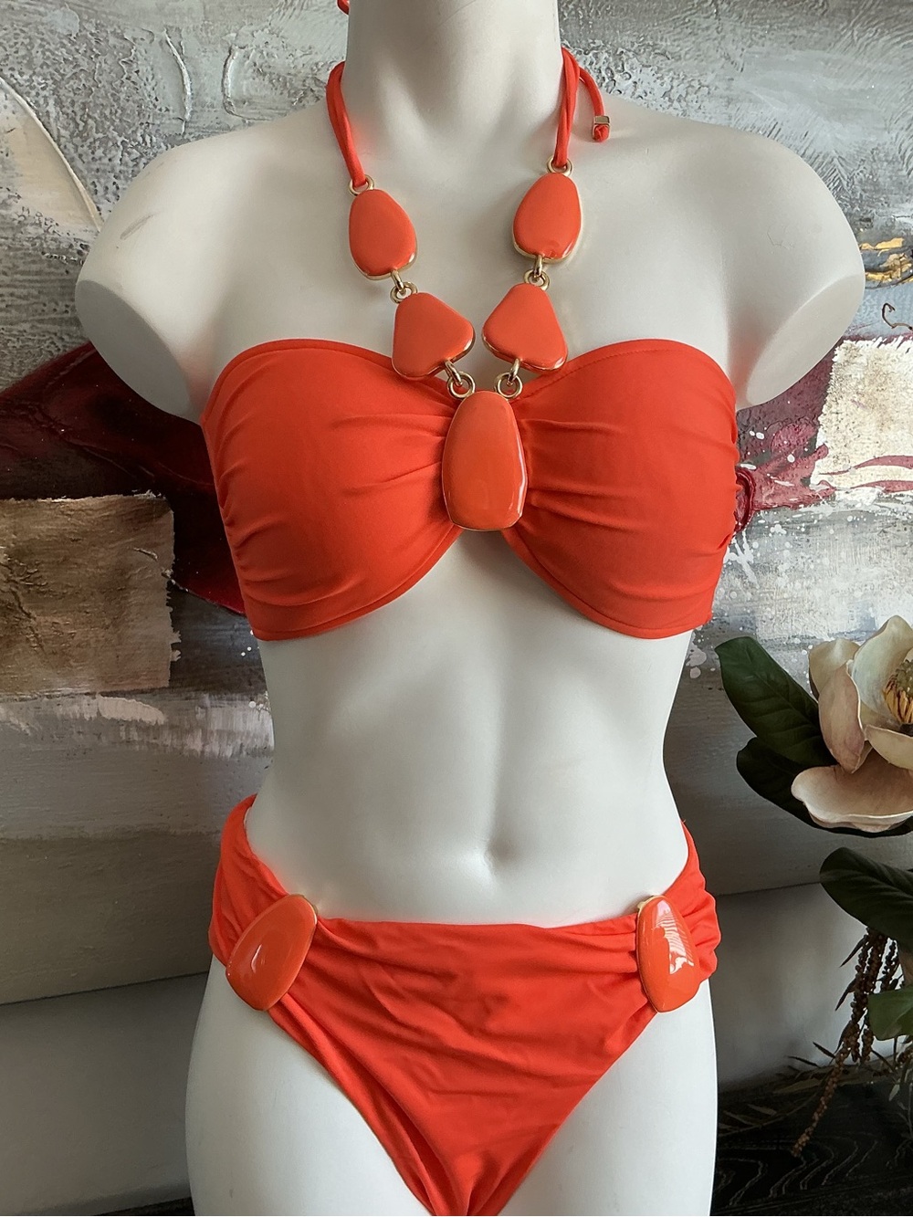 VENUS Coral Orange Strapless Bikini Set with Decorative Accents